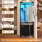 Corner Dresser with Clothes Rack, 70'' Tall Dresser with Drawers, Power Outlets, and LED Lights