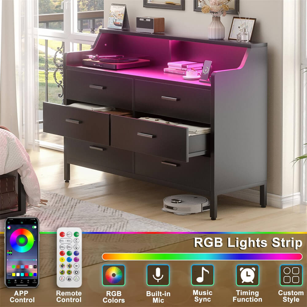 6 Drawer Dresser, Wooden Chest of Drawers with Power Outlets and Smart LED Light, for Bedroom, Living Room