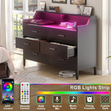 6 Drawer Dresser, Wooden Chest of Drawers with Power Outlets and Smart LED Light, for Bedroom, Living Room