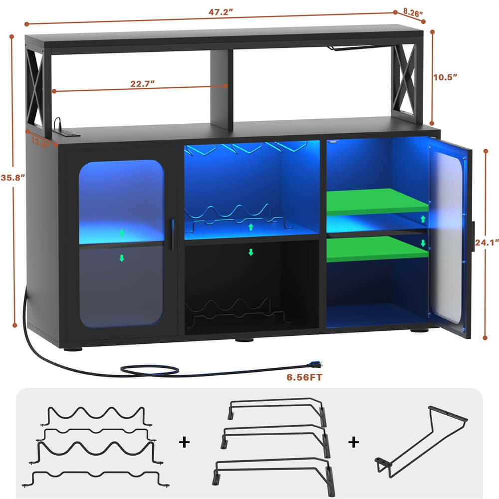 Unikito Bar Cabinet with Power Outlet, Liquor Cabinet with Led Lights and Glass Holders, Storage Buffet Cabinet Coffee Bar Cabinet for Liquor, Wine Cabinet with Racks for Home, Kitchen