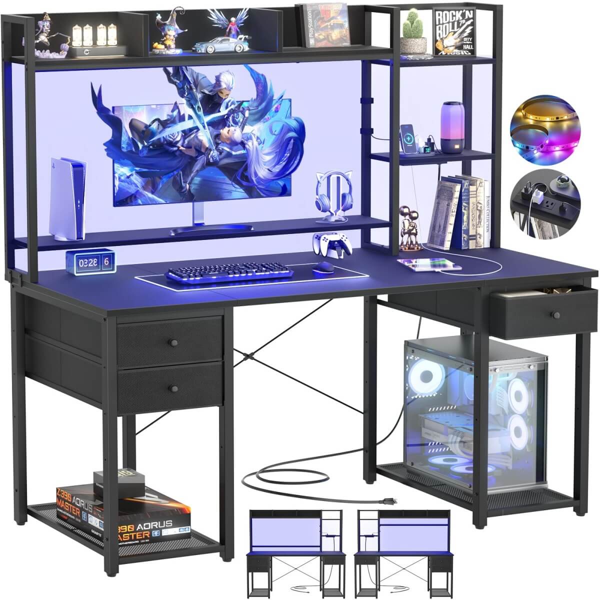 47 Inch Computer Desk Gaming Desk with Hutch, LED Lights, and Charging Station