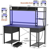 47 Inch Computer Desk Gaming Desk with Hutch, LED Lights, and Charging Station