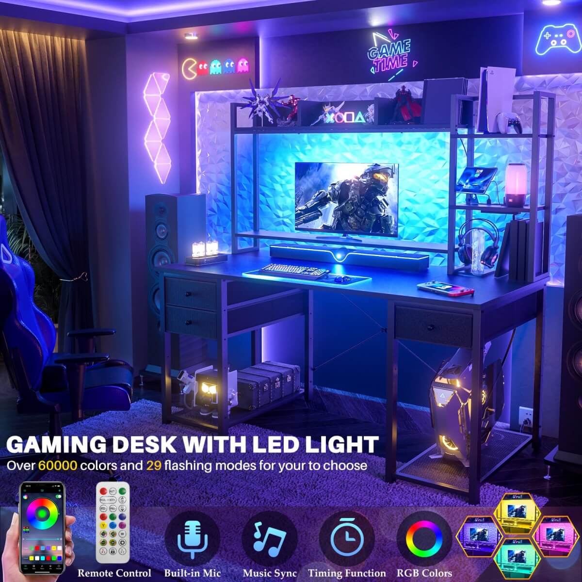 47 Inch Computer Desk Gaming Desk with Hutch, LED Lights, and Charging Station