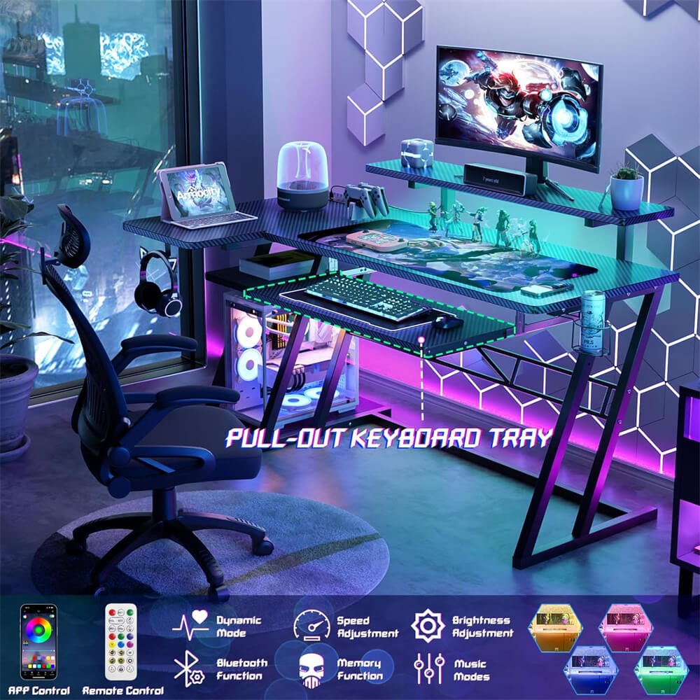 47'' Gaming Desk with Power Outlets and LED Lights, L Shaped Gaming Desk with Keyboard Holder