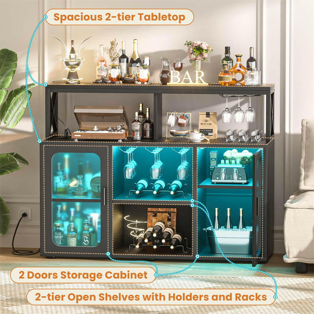 Unikito Bar Cabinet with Power Outlet, Liquor Cabinet with Led Lights and Glass Holders, Storage Buffet Cabinet Coffee Bar Cabinet for Liquor, Wine Cabinet with Racks for Home, Kitchen