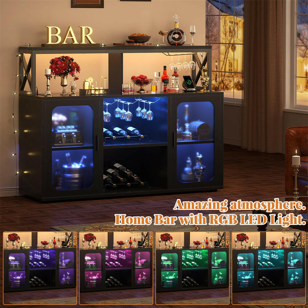 Unikito Bar Cabinet with Power Outlet, Liquor Cabinet with Led Lights and Glass Holders, Storage Buffet Cabinet Coffee Bar Cabinet for Liquor, Wine Cabinet with Racks for Home, Kitchen