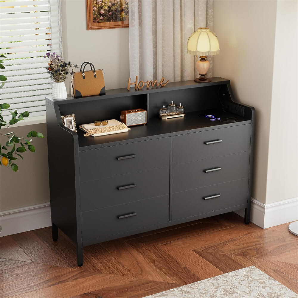 6 Drawer Dresser, Wooden Chest of Drawers with Power Outlets and Smart LED Light, for Bedroom, Living Room