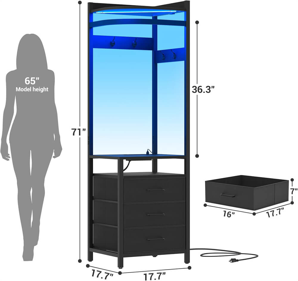 Corner Dresser with Clothes Rack, 70'' Tall Dresser with Drawers, Power Outlets, and LED Lights