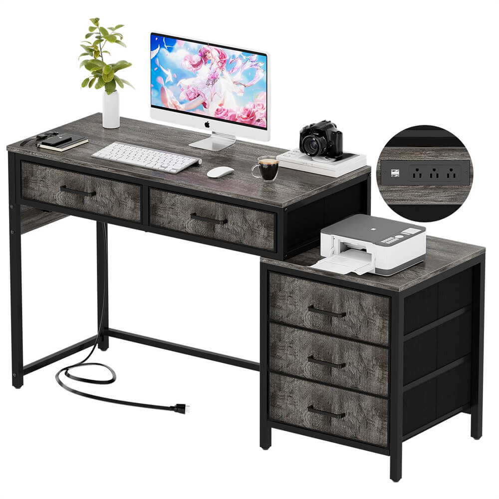 Unikito Reversible Computer Desk with 5 Drawers, Sturdy Office Desk with Power Outlets and USB Ports, Corner Writing Table with File Cabinet & Printer Stand, Vanity Desk with Storage