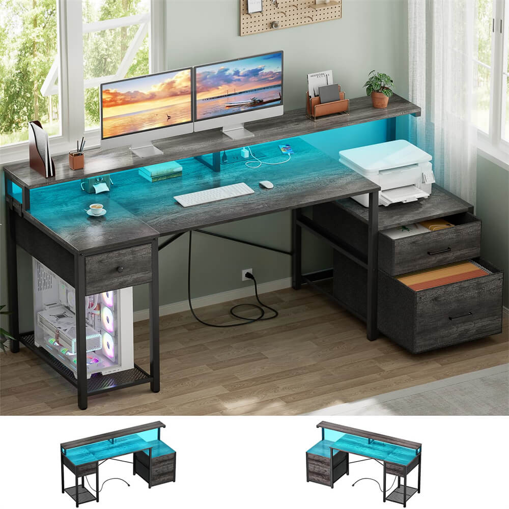 59'' Computer Gaming Desk with 3 Drawers, LED Lights, and Power Outlets, 18.5"D x 59"W x 34.6"H