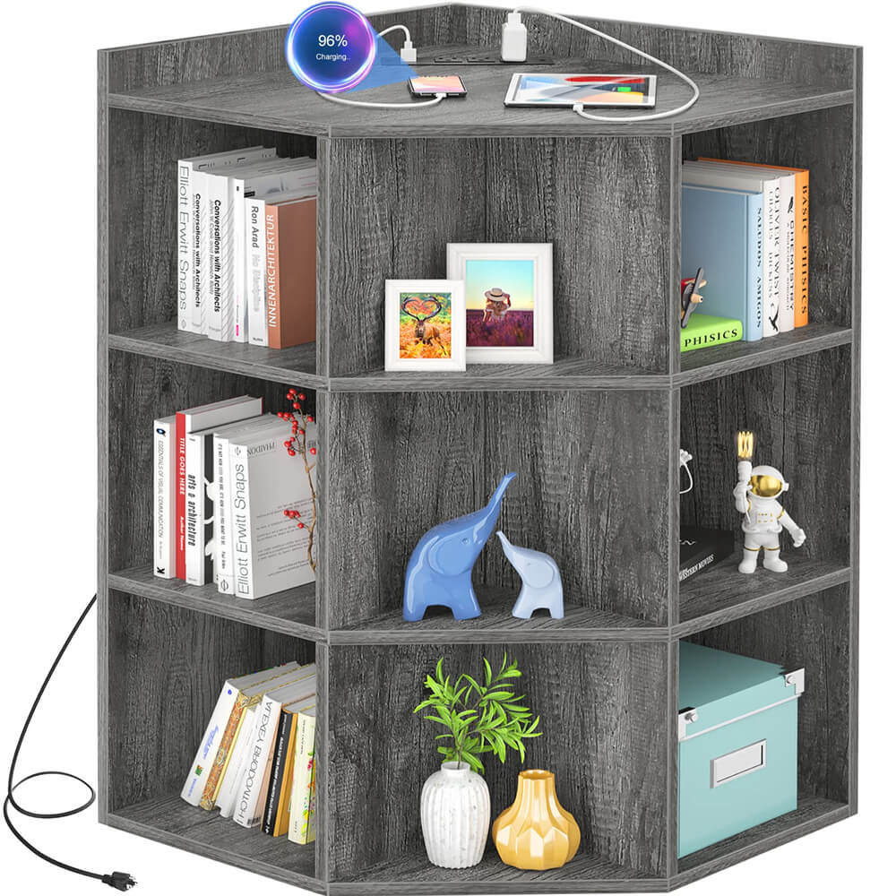 3-Tier Wooden Corner Storage Cabinet Bookshelf with Power Outlets and 9 Cubes