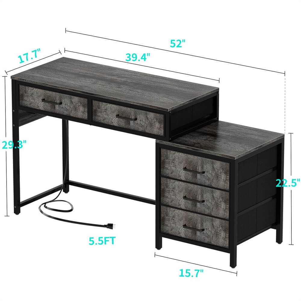 Unikito Reversible Computer Desk with 5 Drawers, Sturdy Office Desk with Power Outlets and USB Ports, Corner Writing Table with File Cabinet & Printer Stand, Vanity Desk with Storage