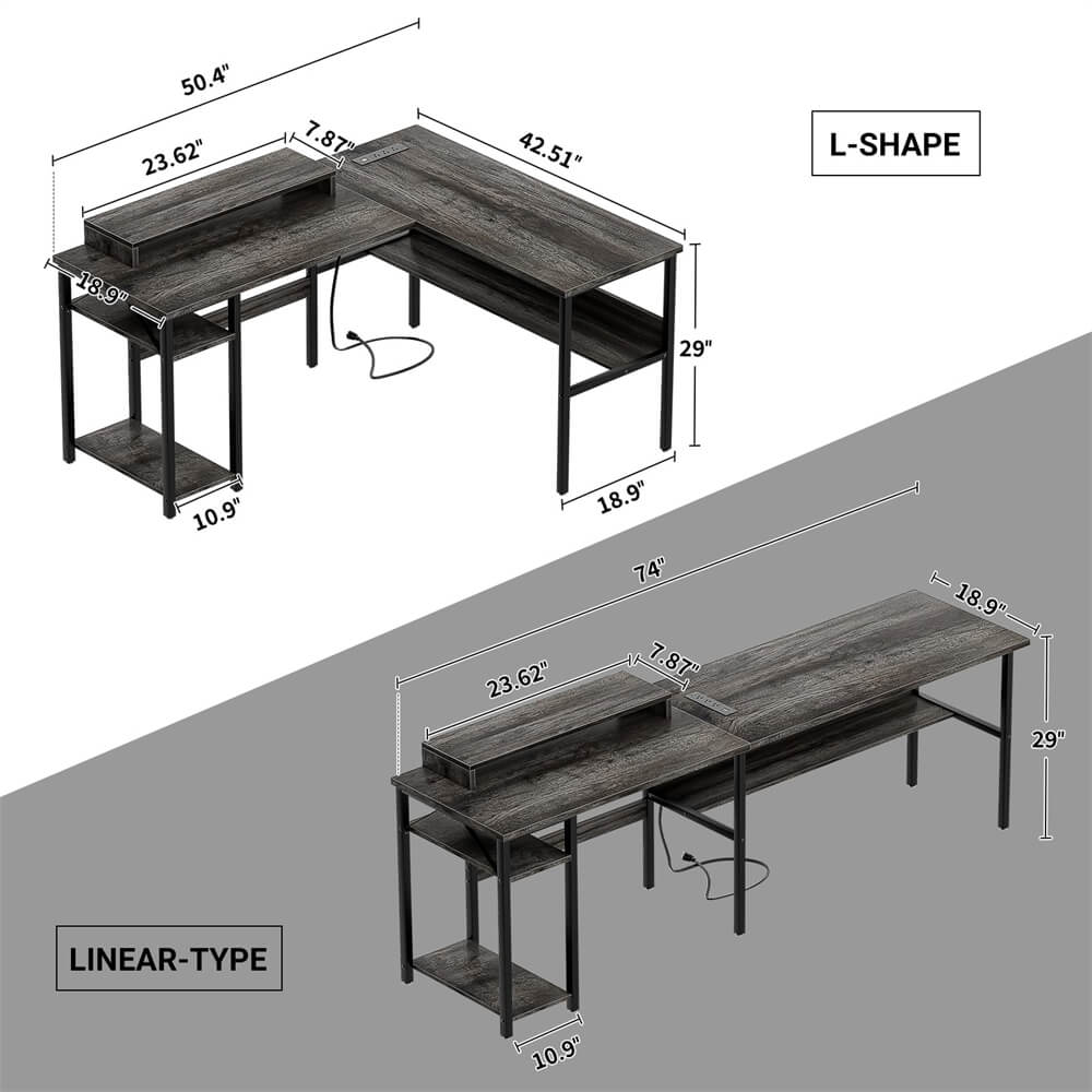 Unikito Reversible L Shaped Desk with Power Outlets and RGB LED Light, Sturdy Computer Desk with Ergonomic Monitor Stand and Storage Shelves, Corner Desk for Home Office, Easy Assembly