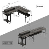 Unikito Reversible L Shaped Desk with Power Outlets and RGB LED Light, Sturdy Computer Desk with Ergonomic Monitor Stand and Storage Shelves, Corner Desk for Home Office, Easy Assembly