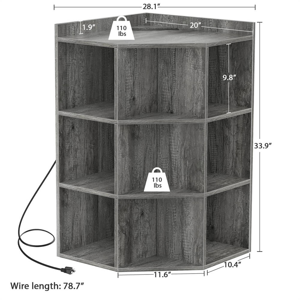 3-Tier Wooden Corner Storage Cabinet Bookshelf with Power Outlets and 9 Cubes