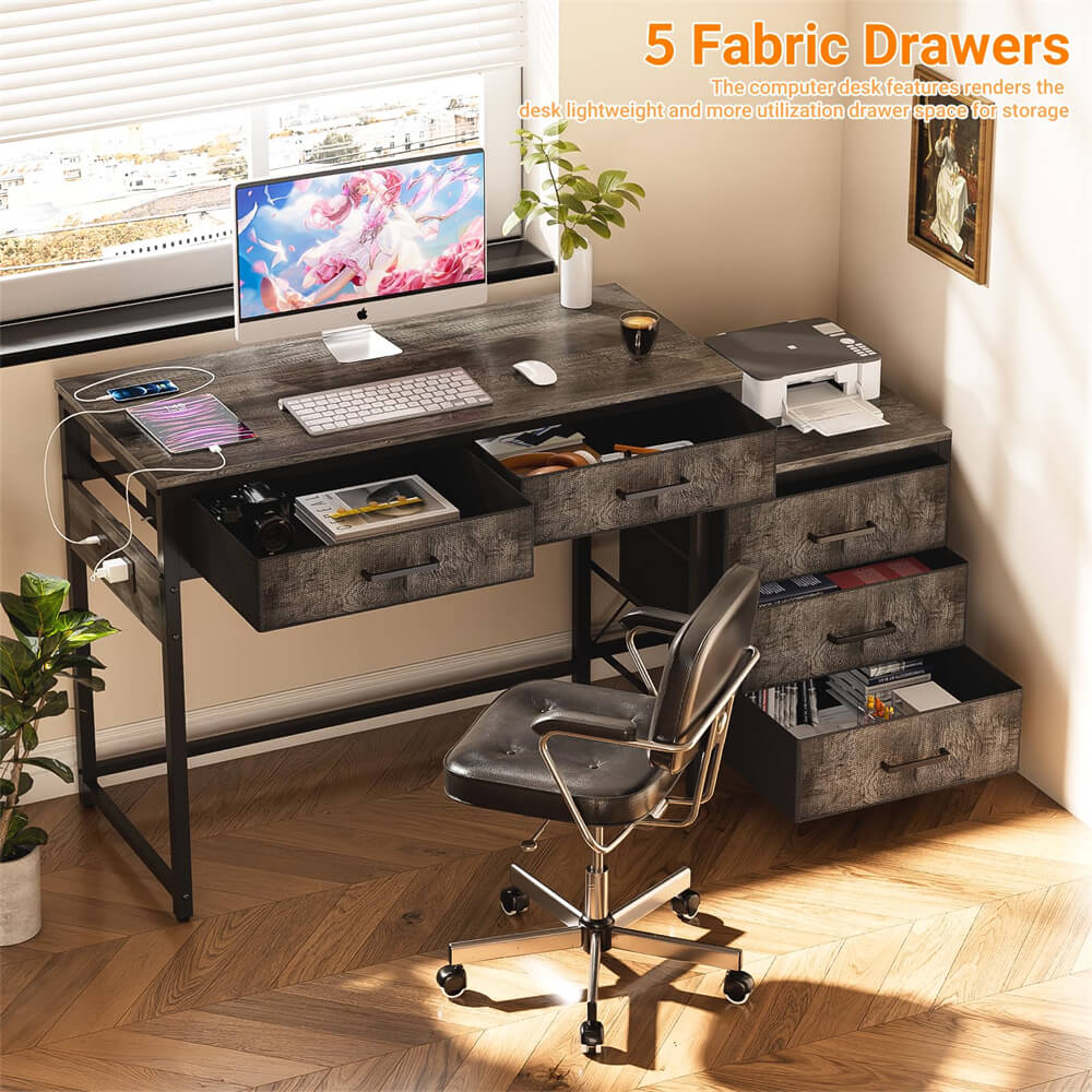 Unikito Reversible Computer Desk with 5 Drawers, Sturdy Office Desk with Power Outlets and USB Ports, Corner Writing Table with File Cabinet & Printer Stand, Vanity Desk with Storage