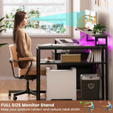 Reversible L Shaped Computer Desk Gaming Desk with File Drawer,  Power Outlet & LED Strip