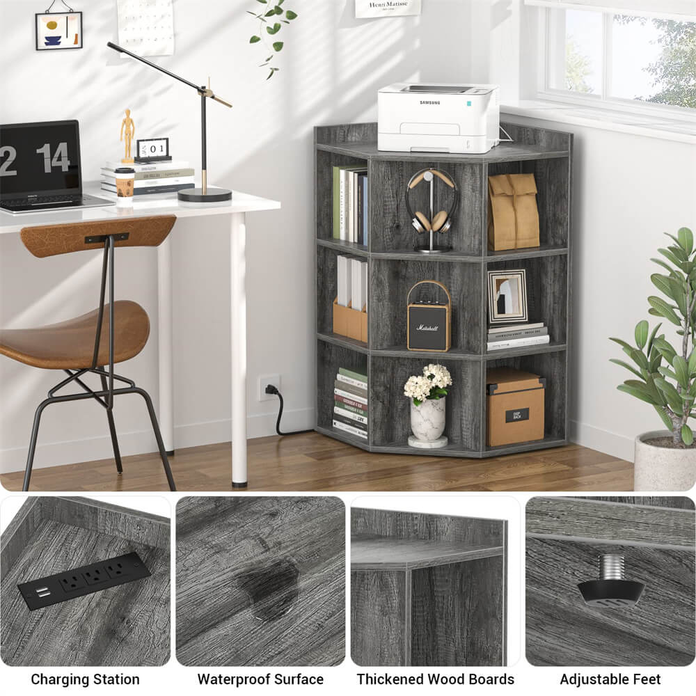 3-Tier Wooden Corner Storage Cabinet Bookshelf with Power Outlets and 9 Cubes