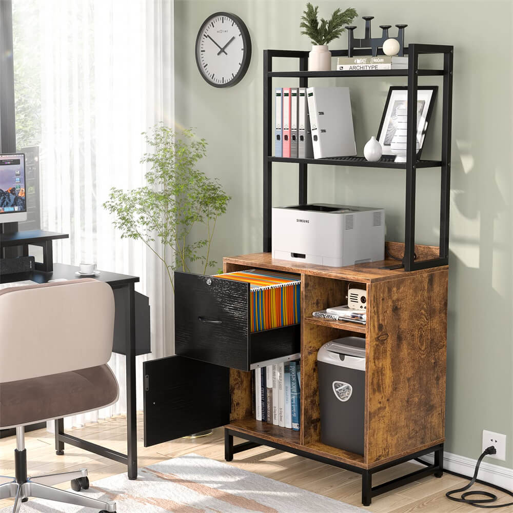 Vertical Filing Cabinet with Lock Drawers, Power Outlets and Shelf