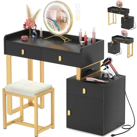Unikito Vanity Desk with Mirror and Lights, Makeup Vanity Table Set with 3 Storage Drawers, Stool and Divided Organizers, Dressing Table with 3 Color Lighting Options for Women Girls