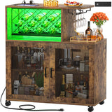 Unikito Wine Bar Cabinet with Wheels, Small Liquor Cabinet with LED Light, Home Bar Cart with Power Outlets, Coffee Bar with Wine Rack, Glasses Storage for Kitchen, Dining Room, Living Room