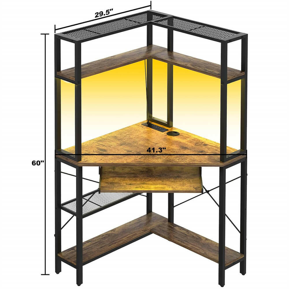 Unikito Small Corner Desk with Hutch, Corner Computer Desk with Power Outlets & LED Light, Triangle Corner Gaming Desk with Keyboard Tray, Corner Table for Home Office, Small Space