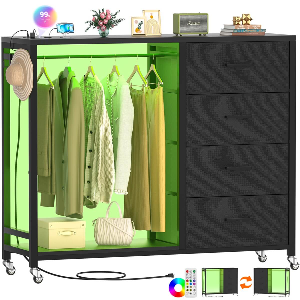 4 Drawer Dresser with RGB LED Light and Power Outlets, Built in Clothes Rack