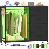 4 Drawer Dresser with RGB LED Light and Power Outlets, Built in Clothes Rack