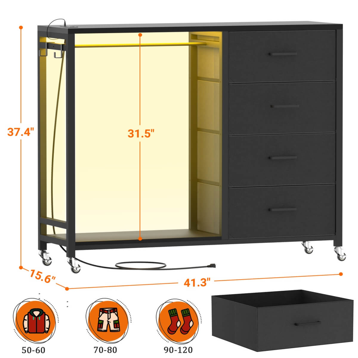 4 Drawer Dresser with RGB LED Light and Power Outlets, Built in Clothes Rack