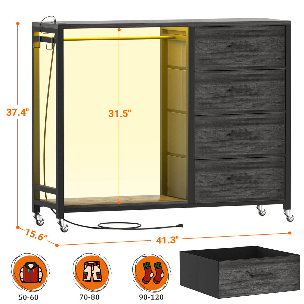 4 Drawer Dresser with RGB LED Light and Power Outlets, Built in Clothes Rack