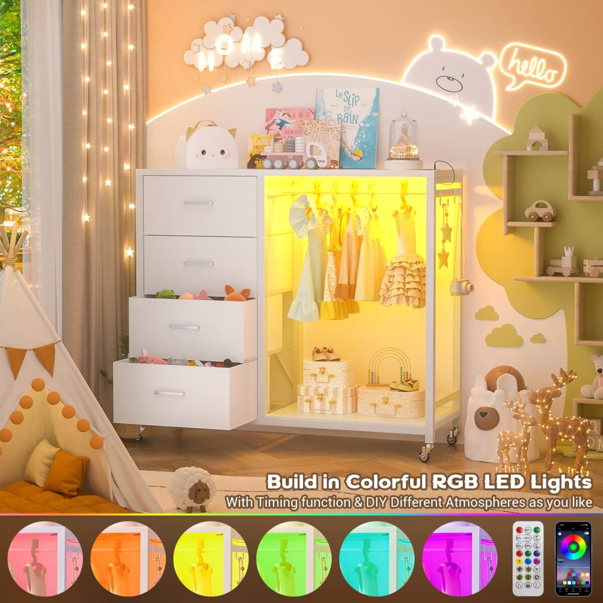 4 Drawer Dresser with RGB LED Light and Power Outlets, Built in Clothes Rack