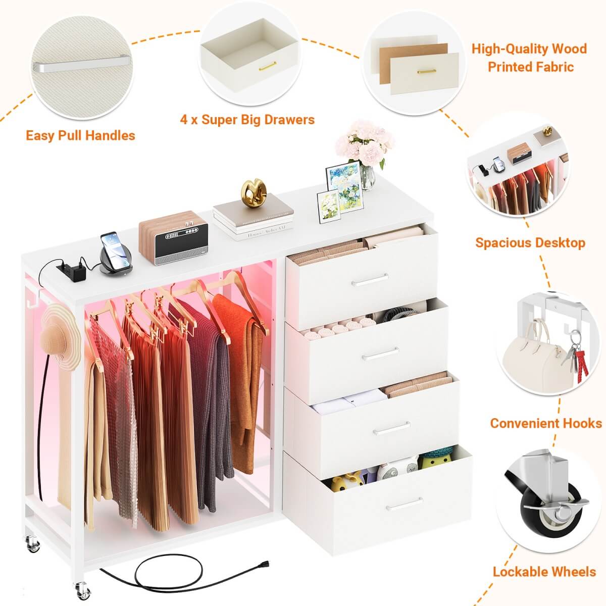 4 Drawer Dresser with RGB LED Light and Power Outlets, Built in Clothes Rack