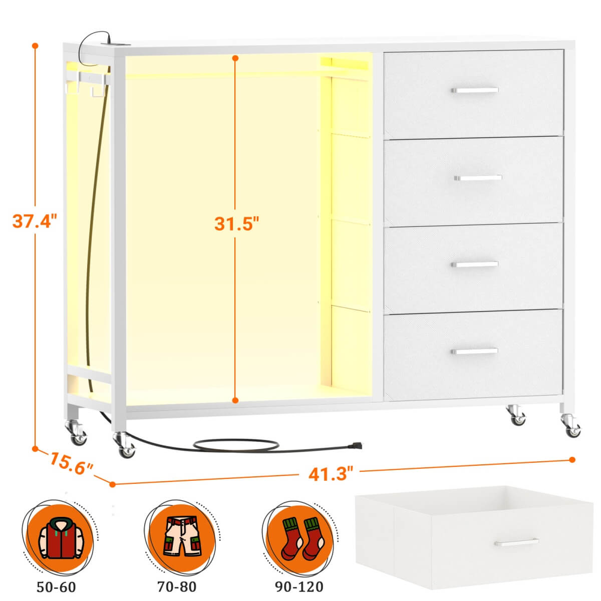 4 Drawer Dresser with RGB LED Light and Power Outlets, Built in Clothes Rack