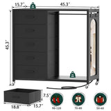 Unikito Bedroom Dresser with Clothes Rack & Mirror, 5 Drawers Dresser with Power Sockets & LED Lights, Chest of Drawers on Wheels, Full Length Mirror, Wooden Top, for Bedroom, Hallway