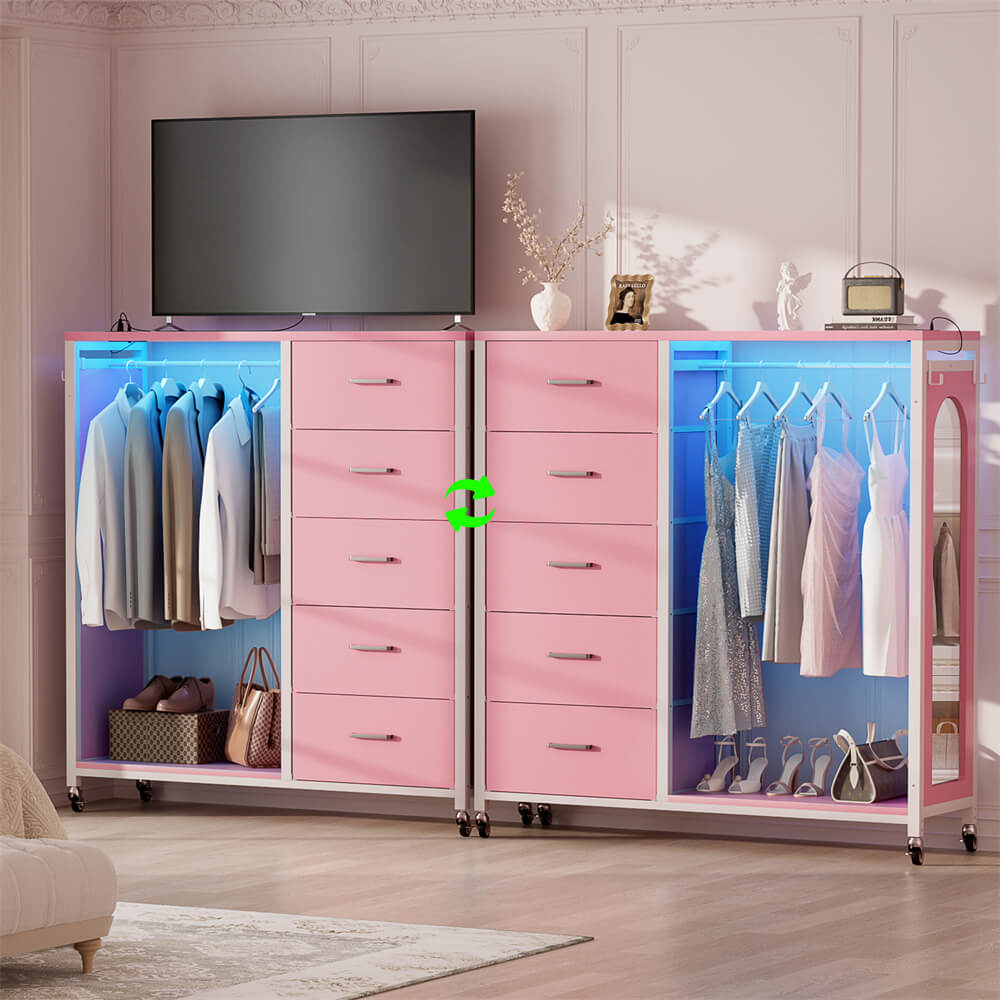 Unikito Bedroom Dresser with Clothes Rack & Mirror, 5 Drawers Dresser with Power Sockets & LED Lights, Chest of Drawers on Wheels, Full Length Mirror, Wooden Top, for Bedroom, Hallway