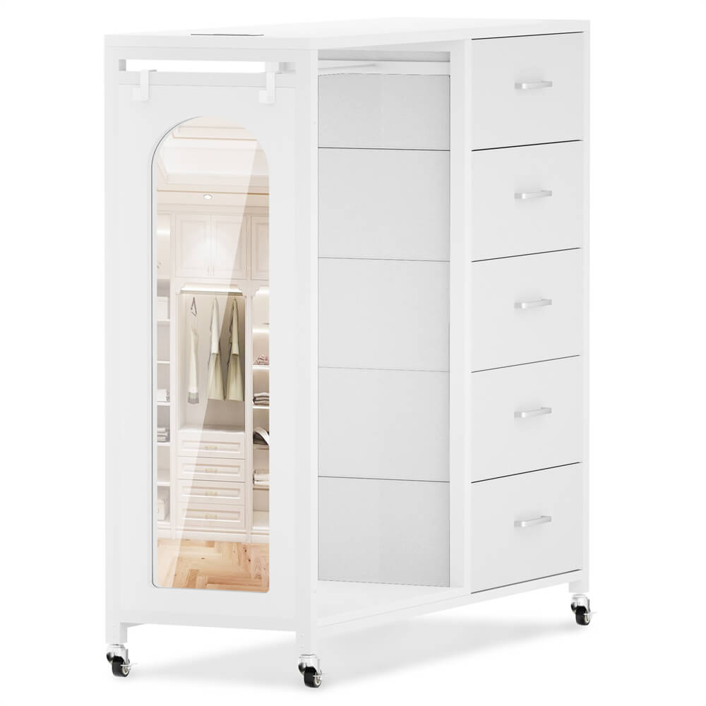 Unikito Bedroom Dresser with Clothes Rack & Mirror, 5 Drawers Dresser with Power Sockets & LED Lights, Chest of Drawers on Wheels, Full Length Mirror, Wooden Top, for Bedroom, Hallway