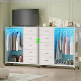 Unikito Bedroom Dresser with Clothes Rack & Mirror, 5 Drawers Dresser with Power Sockets & LED Lights, Chest of Drawers on Wheels, Full Length Mirror, Wooden Top, for Bedroom, Hallway