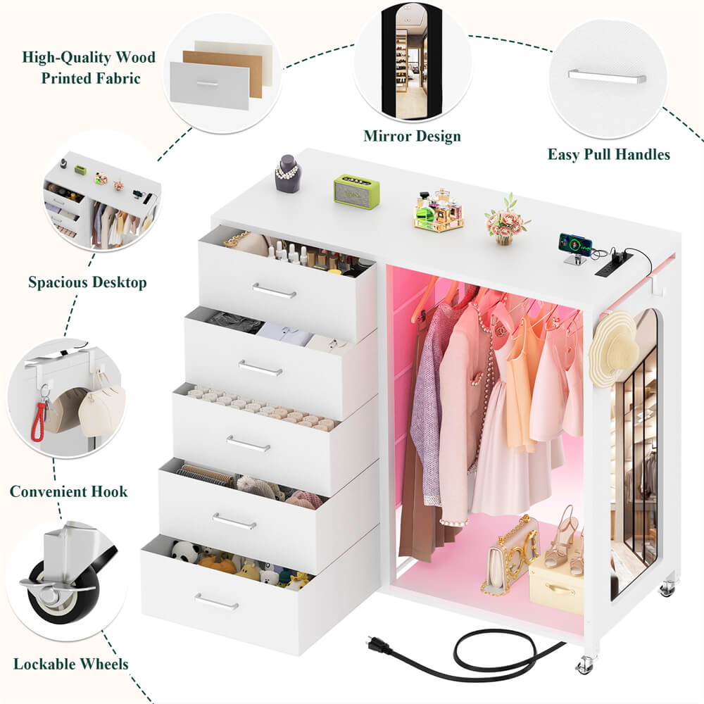 Unikito Bedroom Dresser with Clothes Rack & Mirror, 5 Drawers Dresser with Power Sockets & LED Lights, Chest of Drawers on Wheels, Full Length Mirror, Wooden Top, for Bedroom, Hallway