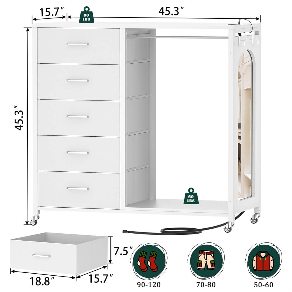 Unikito Bedroom Dresser with Clothes Rack & Mirror, 5 Drawers Dresser with Power Sockets & LED Lights, Chest of Drawers on Wheels, Full Length Mirror, Wooden Top, for Bedroom, Hallway