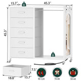 Unikito Bedroom Dresser with Clothes Rack & Mirror, 5 Drawers Dresser with Power Sockets & LED Lights, Chest of Drawers on Wheels, Full Length Mirror, Wooden Top, for Bedroom, Hallway