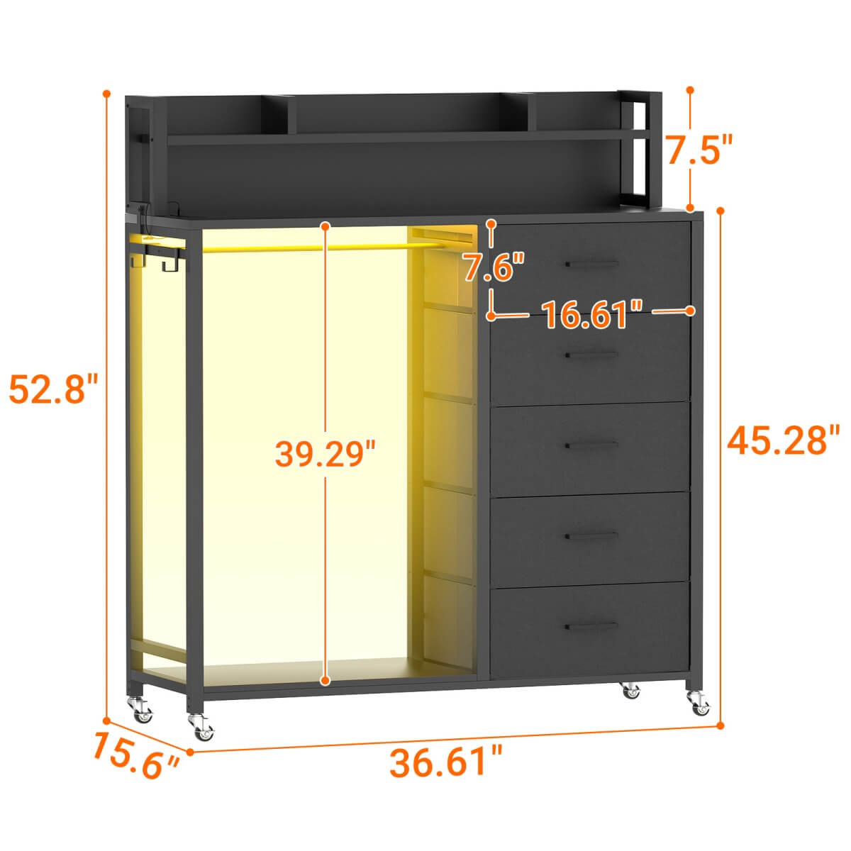 Upgraded Drawer Dresser with Storage Shelves, Dresser with Power Outlets, and LED Light