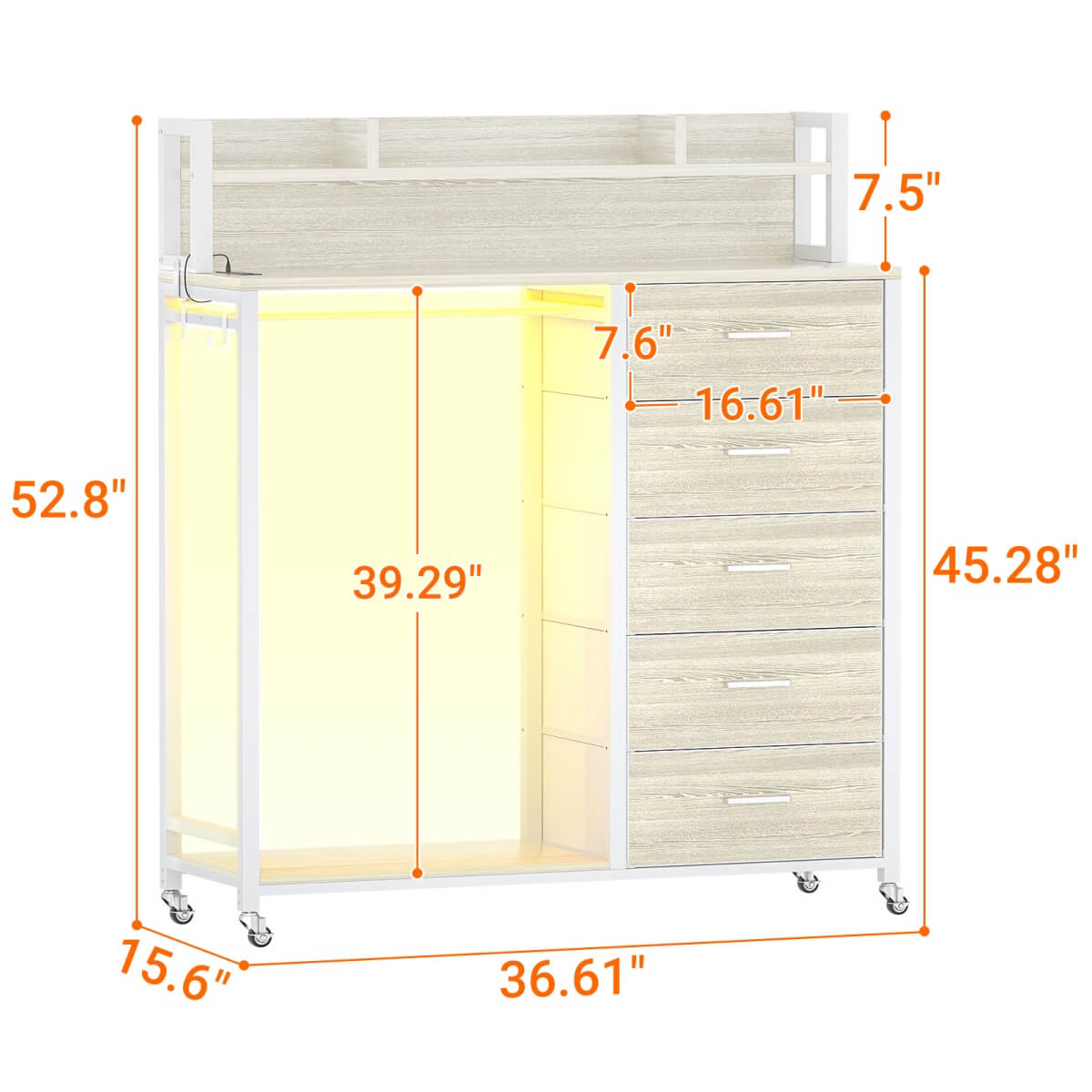 Upgraded Drawer Dresser with Storage Shelves, Dresser with Power Outlets, and LED Light