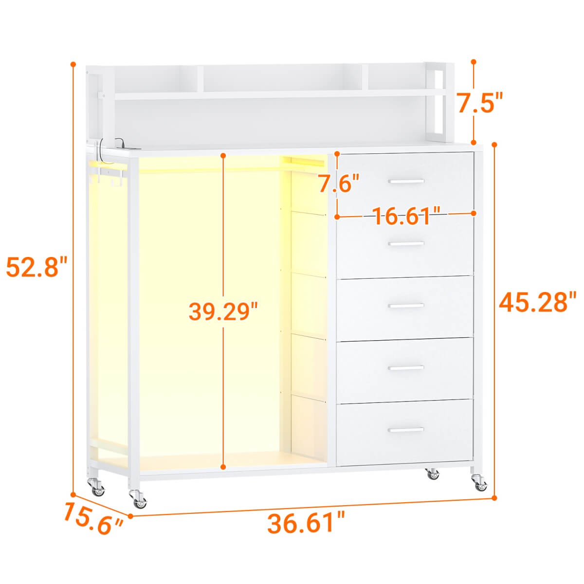 Upgraded Drawer Dresser with Storage Shelves, Dresser with Power Outlets, and LED Light