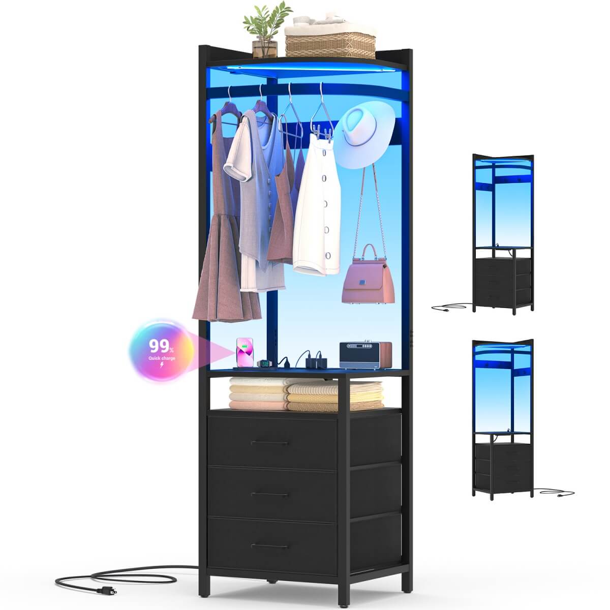 70'' Tall Corner Dresser with Power Outlet & LED Lights, 4-tier Garment Rack with 3 Drawers & 4 Hooks