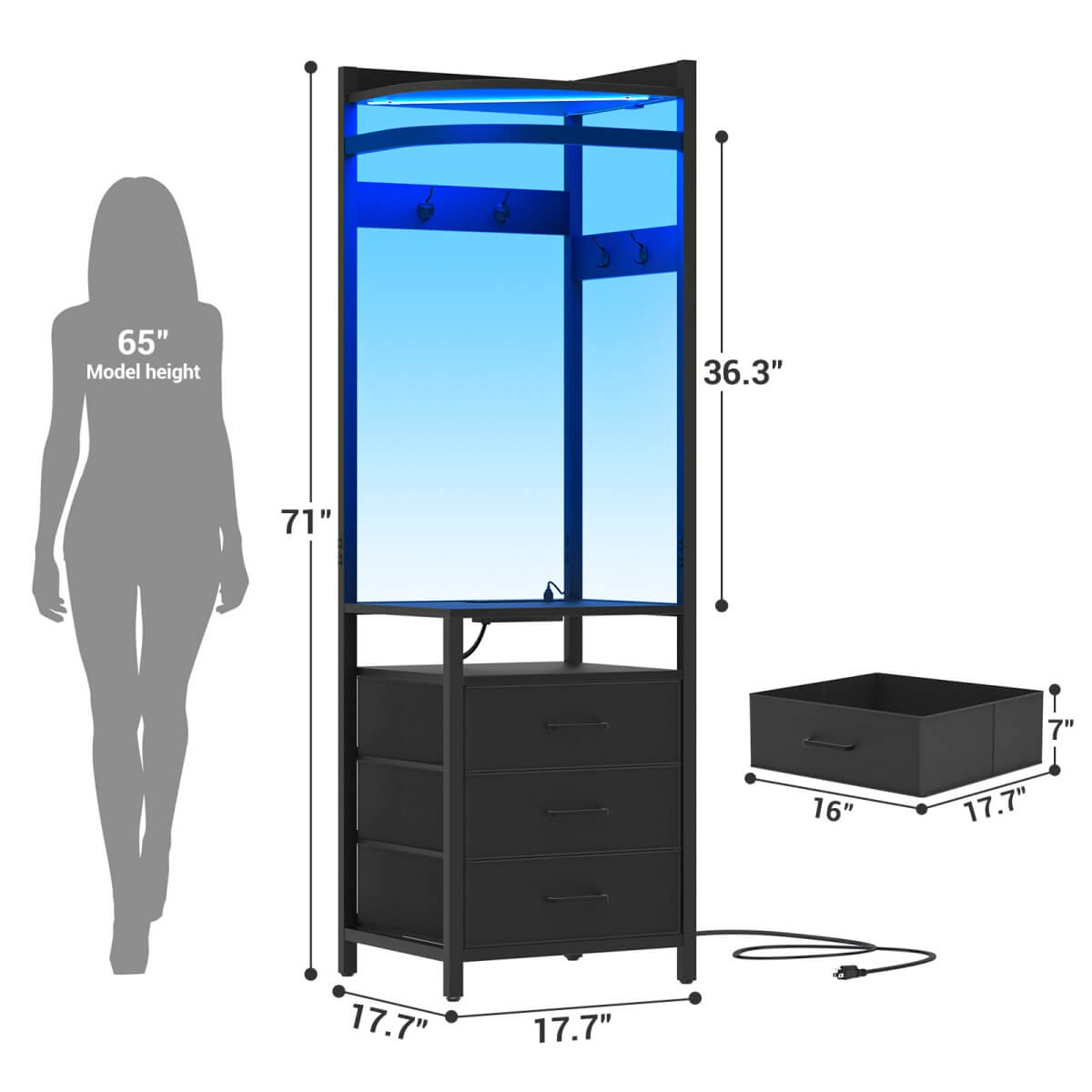 70'' Tall Corner Dresser with Power Outlet & LED Lights, 4-tier Garment Rack with 3 Drawers & 4 Hooks