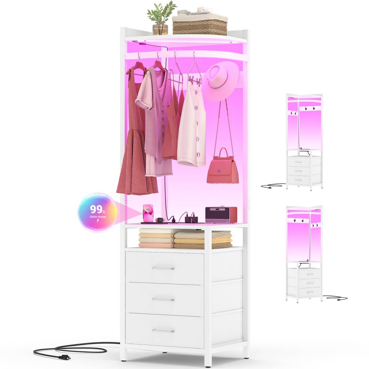 70'' Tall Corner Dresser with Power Outlet & LED Lights, 4-tier Garment Rack with 3 Drawers & 4 Hooks