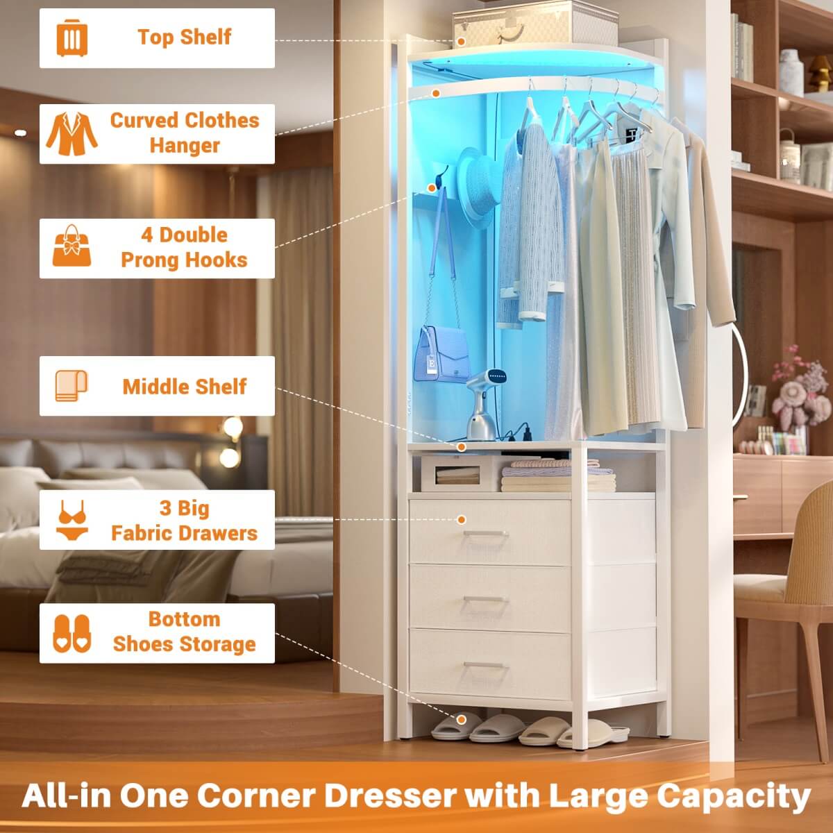 70'' Tall Corner Dresser with Power Outlet & LED Lights, 4-tier Garment Rack with 3 Drawers & 4 Hooks