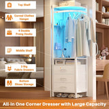 70'' Tall Corner Dresser with Power Outlet & LED Lights, 4-tier Garment Rack with 3 Drawers & 4 Hooks