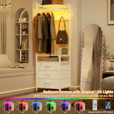 70'' Tall Corner Dresser with Power Outlet & LED Lights, 4-tier Garment Rack with 3 Drawers & 4 Hooks