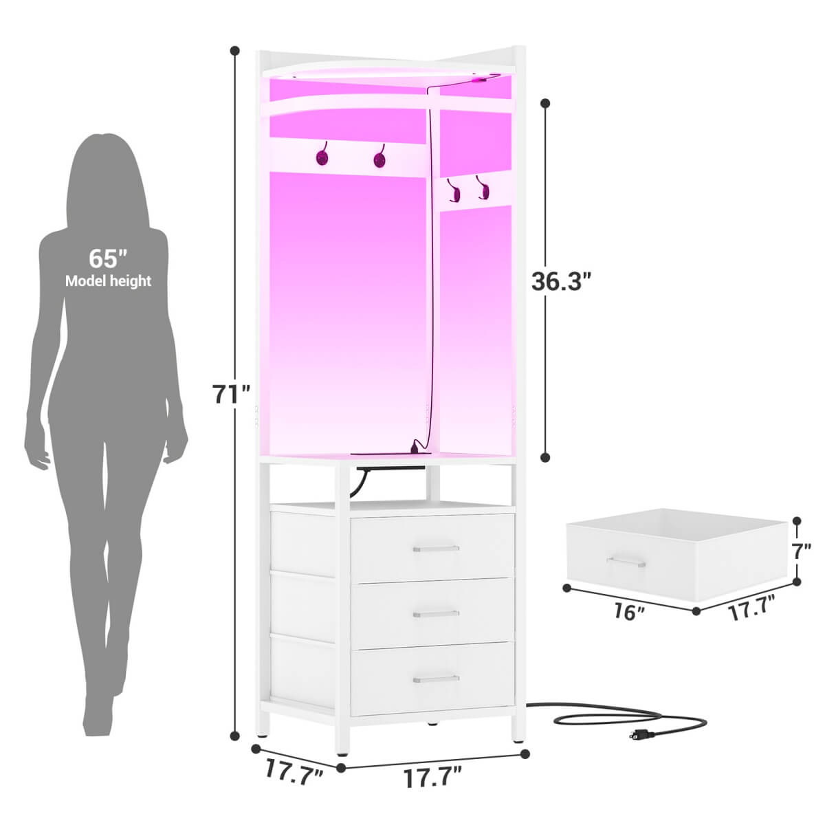 70'' Tall Corner Dresser with Power Outlet & LED Lights, 4-tier Garment Rack with 3 Drawers & 4 Hooks